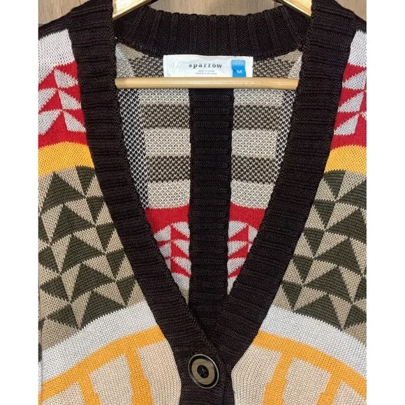 Anthropologie Wool Blend Sparrow Cardigan Sweater Women's M Geometric Brown Red - Picture 4 of 13